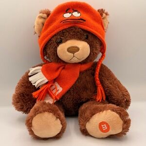 M&M's World Plush Teddy Bear Unisex 15" Brown Excellent‎ Orange Hat Scarf Logo